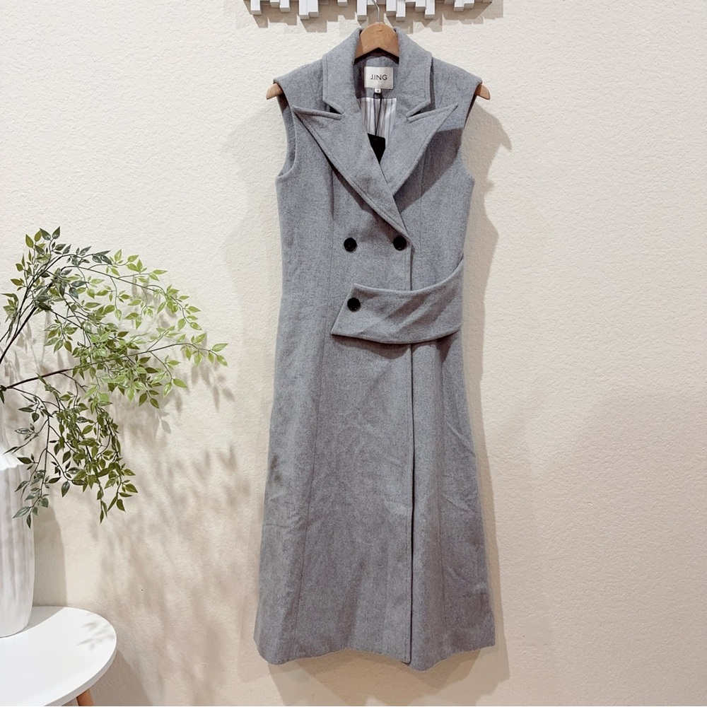 J.ING Jing Gray Wool Blend Double Breasted Sleeveless Longline Vest Coat Size M - Picture 2 of 10